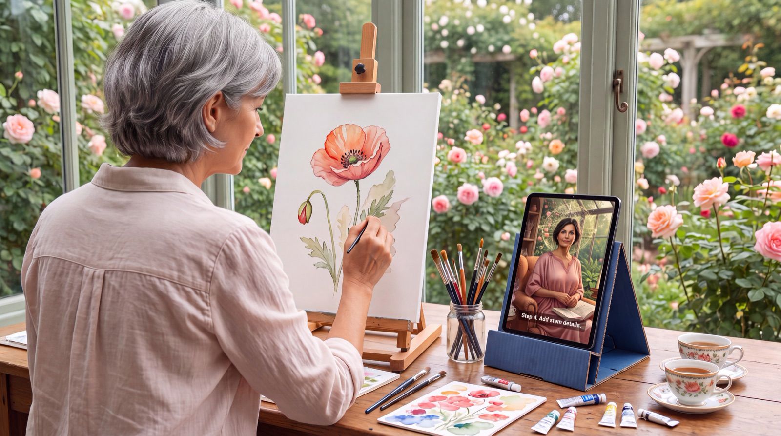 A woman painting a poppy at an easel in a rose garden, with a guest on a tablet beside her