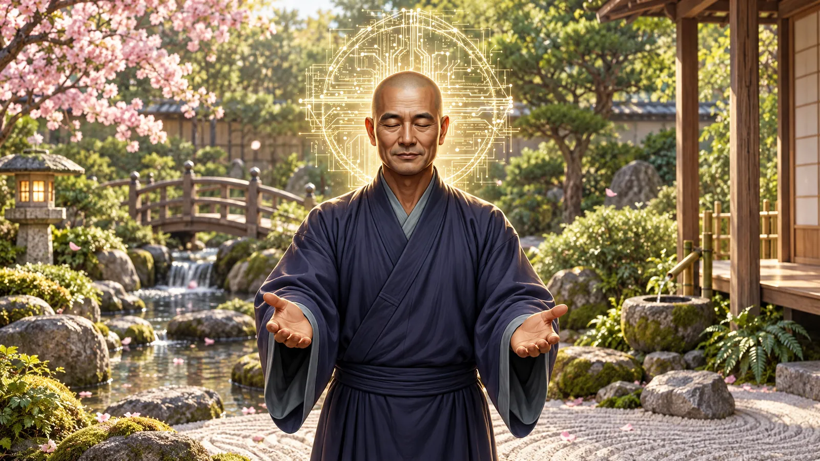 A guest standing in a spring garden with open hands