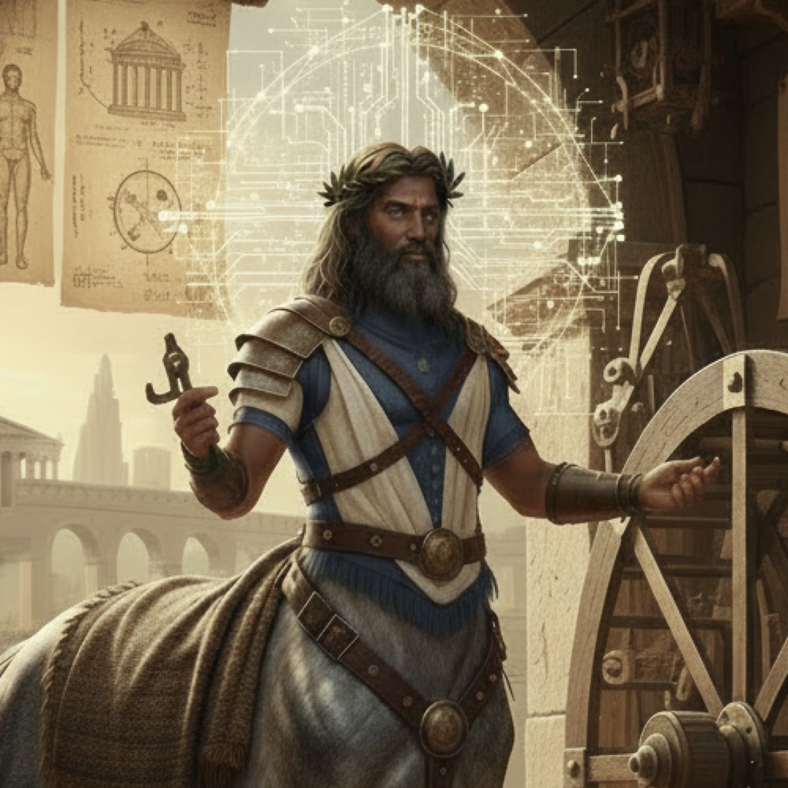 Painting of Chiron the centaur, bearded and laurel-crowned, holding a tool in his workshop, with drawings of a temple and a figure pinned up behind him.