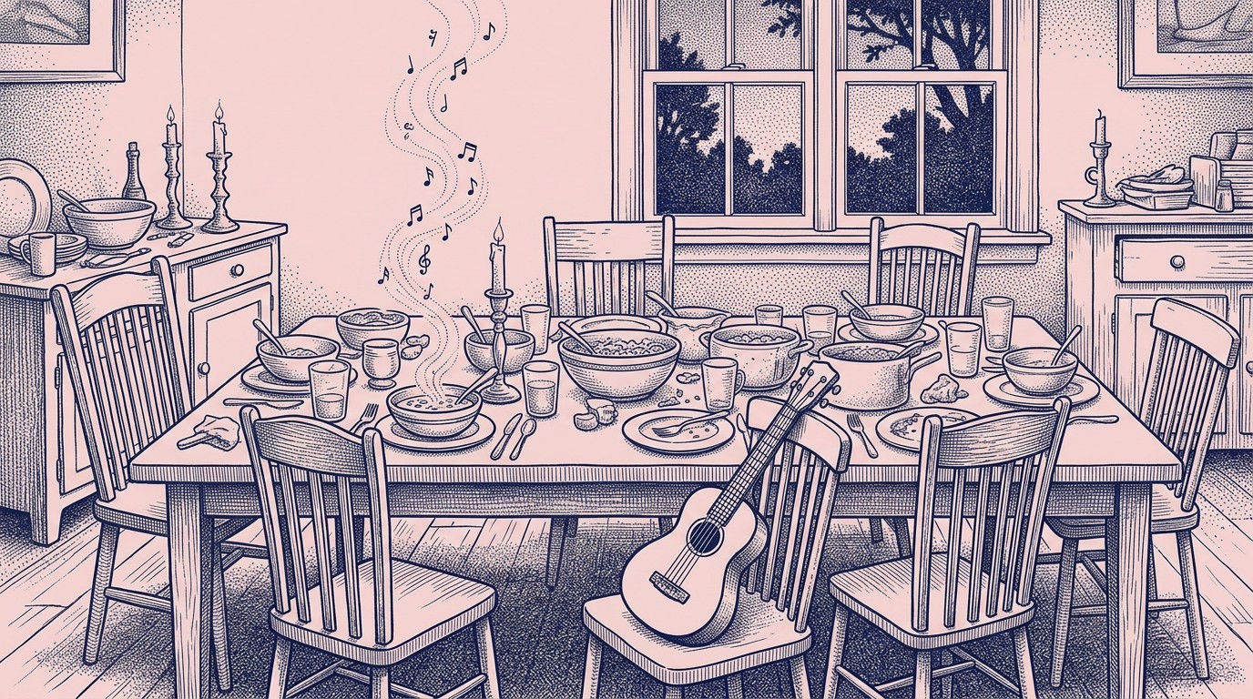 Navy ink engraving on pink of a dinner table laid with bowls and cups, a small guitar propped on a chair and musical notes drifting up beside a candle.