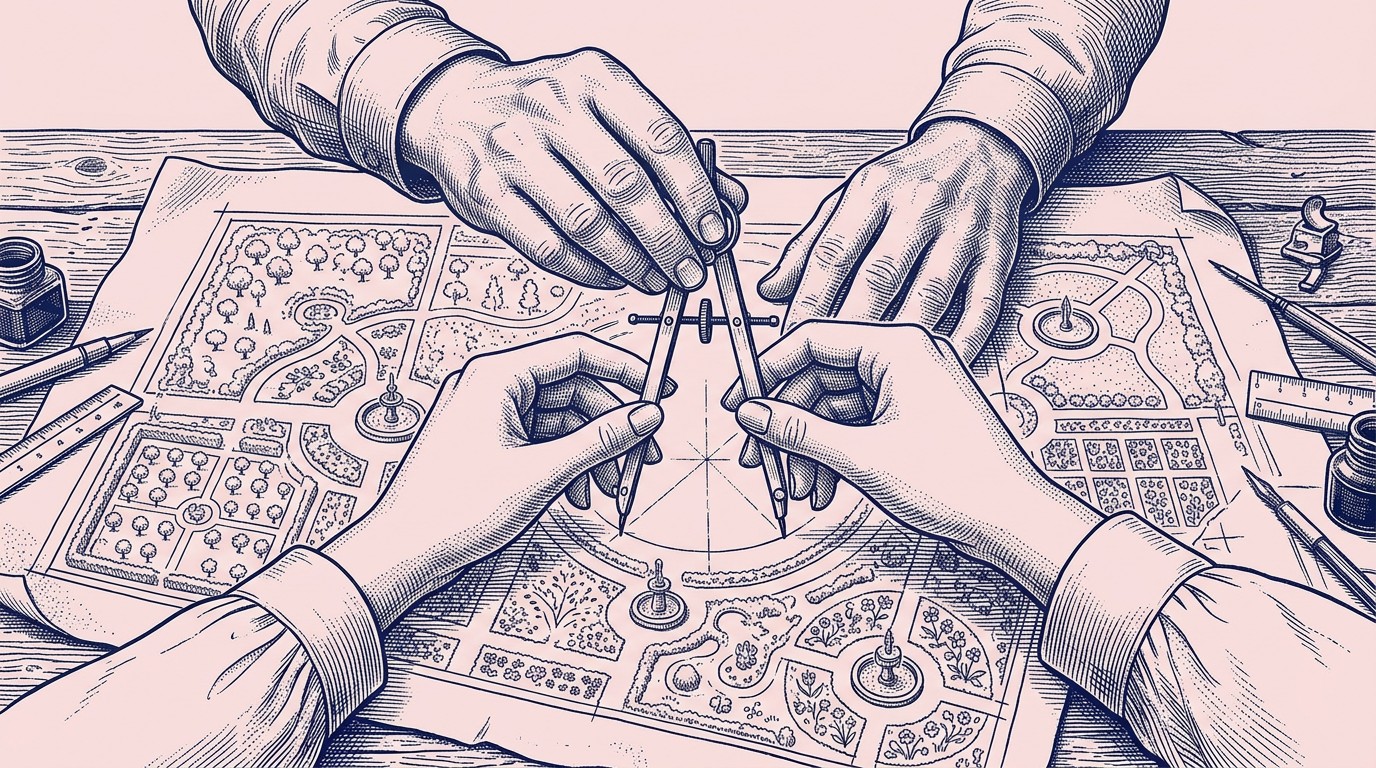 Navy ink engraving on pink of two pairs of hands holding a drafting compass together over a drawn plan of a garden.