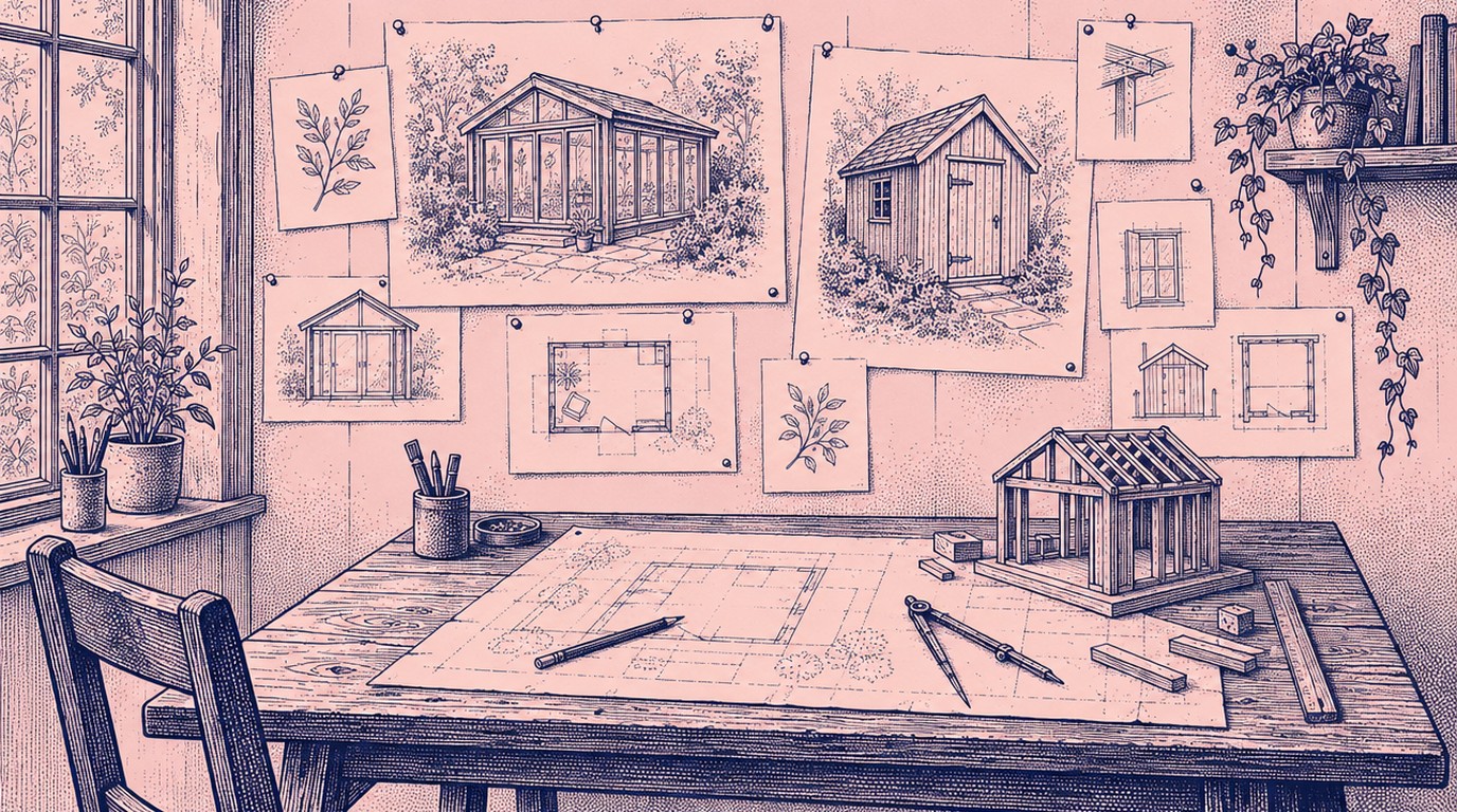 Navy ink engraving on pink of a workshop wall pinned with pencil drawings of a garden room and a small shed, a drafting table below with a pencil, a compass and an unfinished plan, and a half-built wooden model.
