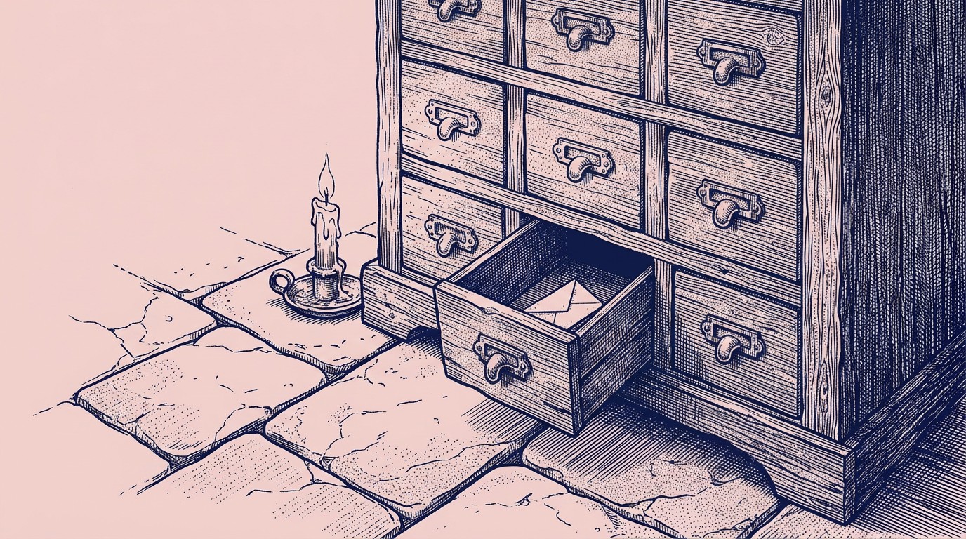 Navy ink engraving on pink of an old wooden chest of small drawers on a stone floor, one drawer open with a folded note inside, and a lit candle beside it.