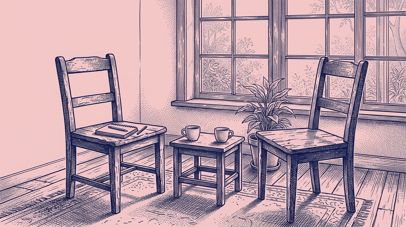 Navy ink engraving on pink of two wooden chairs either side of a small low table with two cups, a notebook and pencil left on one chair, a plant and a window behind.