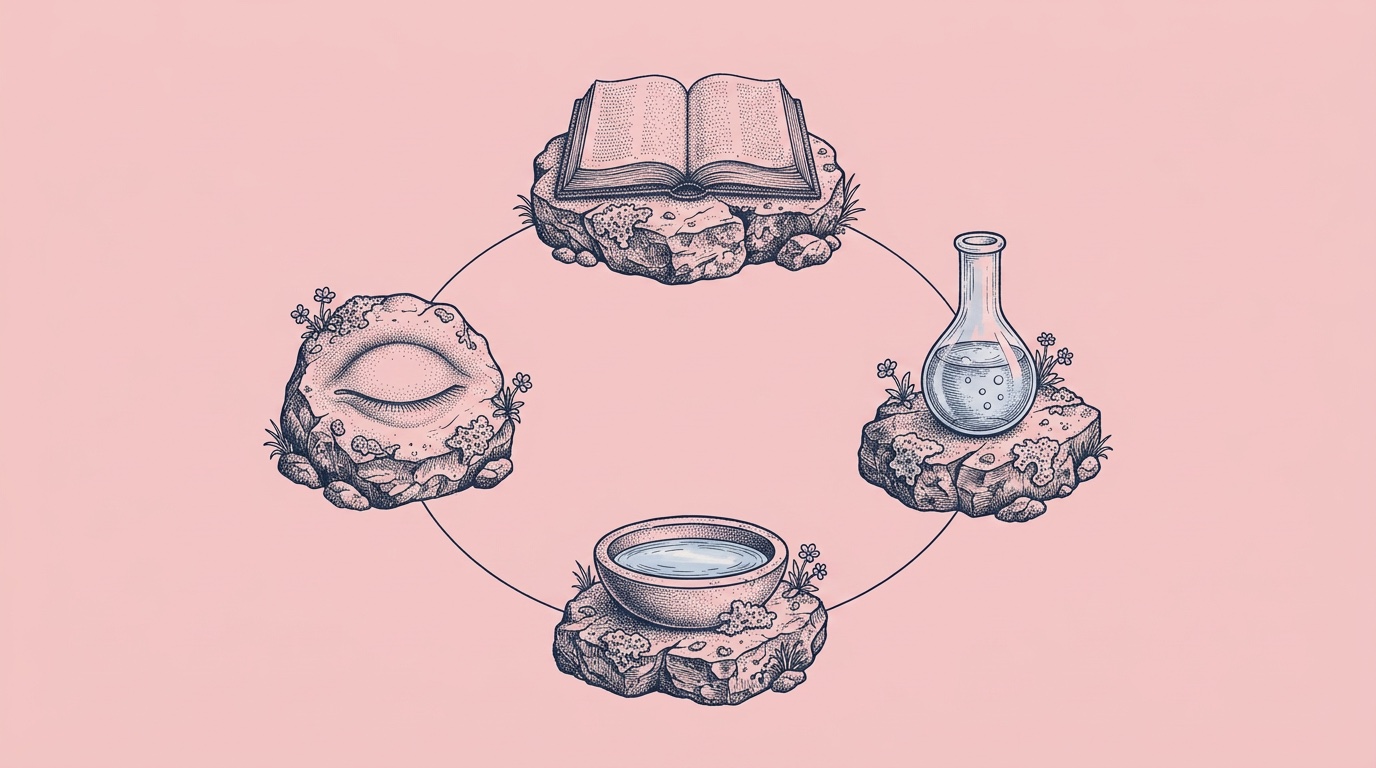 Ink drawing of four small vignettes in a circle around an empty centre: an open book, a glass flask, a bowl of water and a closed eye, each on its own mossy stone.