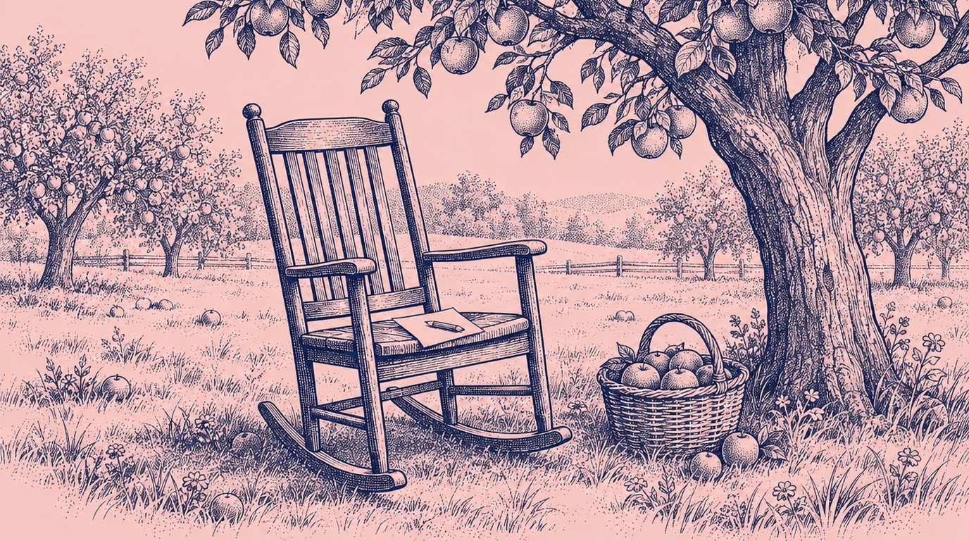 Navy ink engraving on pink of an empty rocking chair under an apple tree, a folded note with a pencil stub on its seat and a basket of apples beside it.