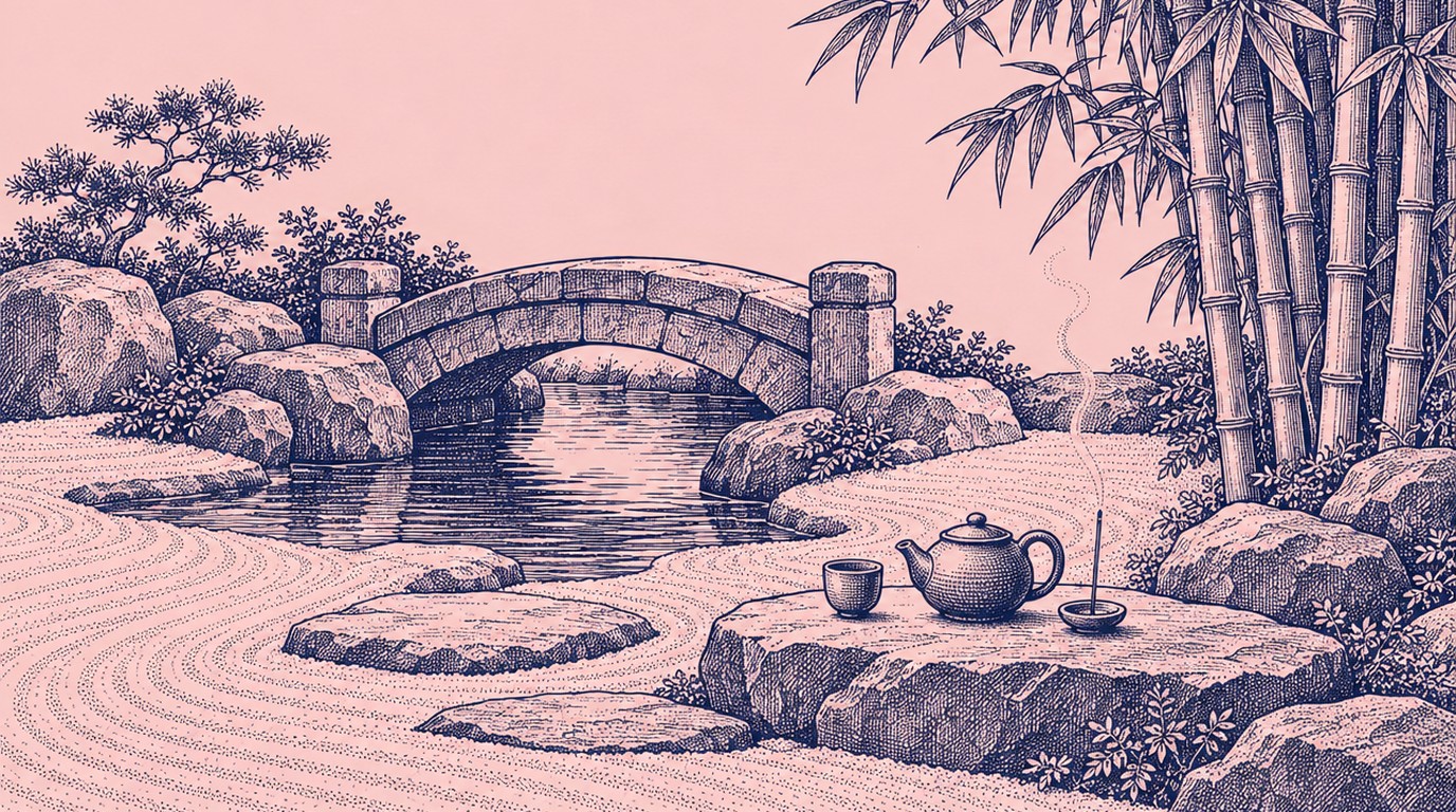 Navy ink engraving on pink of a small stone bridge arching over still water in a raked gravel garden, bamboo at one side and a teapot, a cup and a thread of incense smoke on a flat stone.