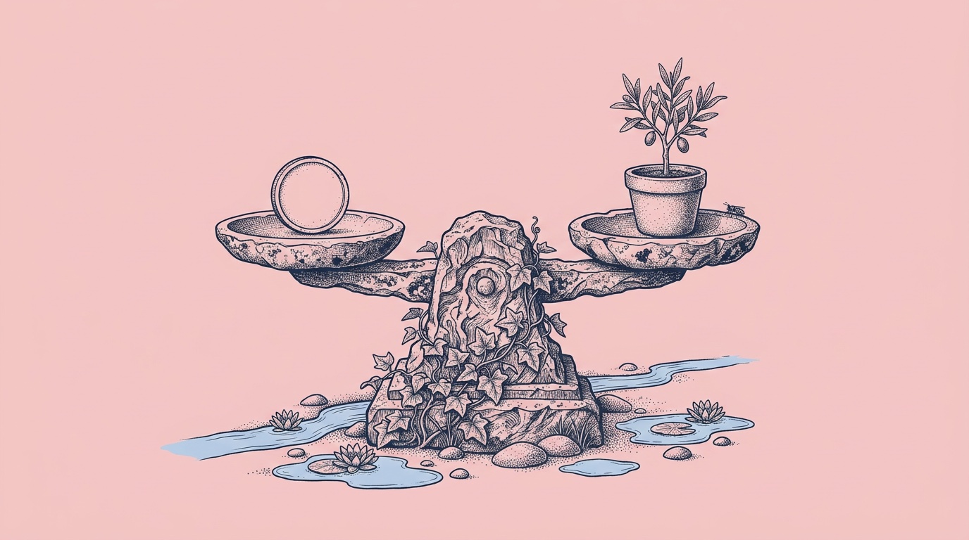 Ink drawing of stone scales held level on an ivy-covered plinth, a blank coin in one pan and an olive seedling in a pot in the other, a thin stream at its foot.