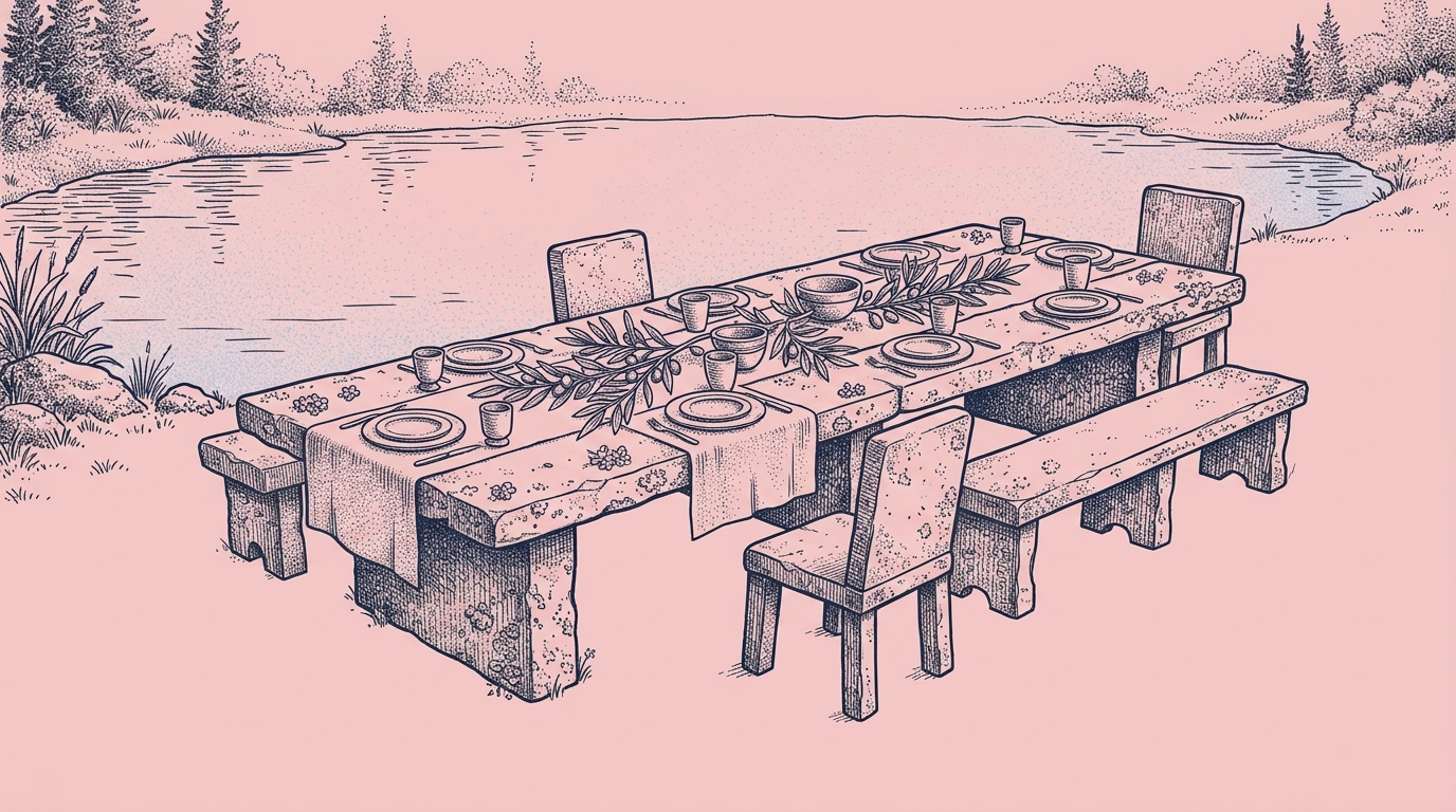 Ink drawing of a long stone table laid with plates and cups, olive branches along the cloth, chairs and benches beside a lake.