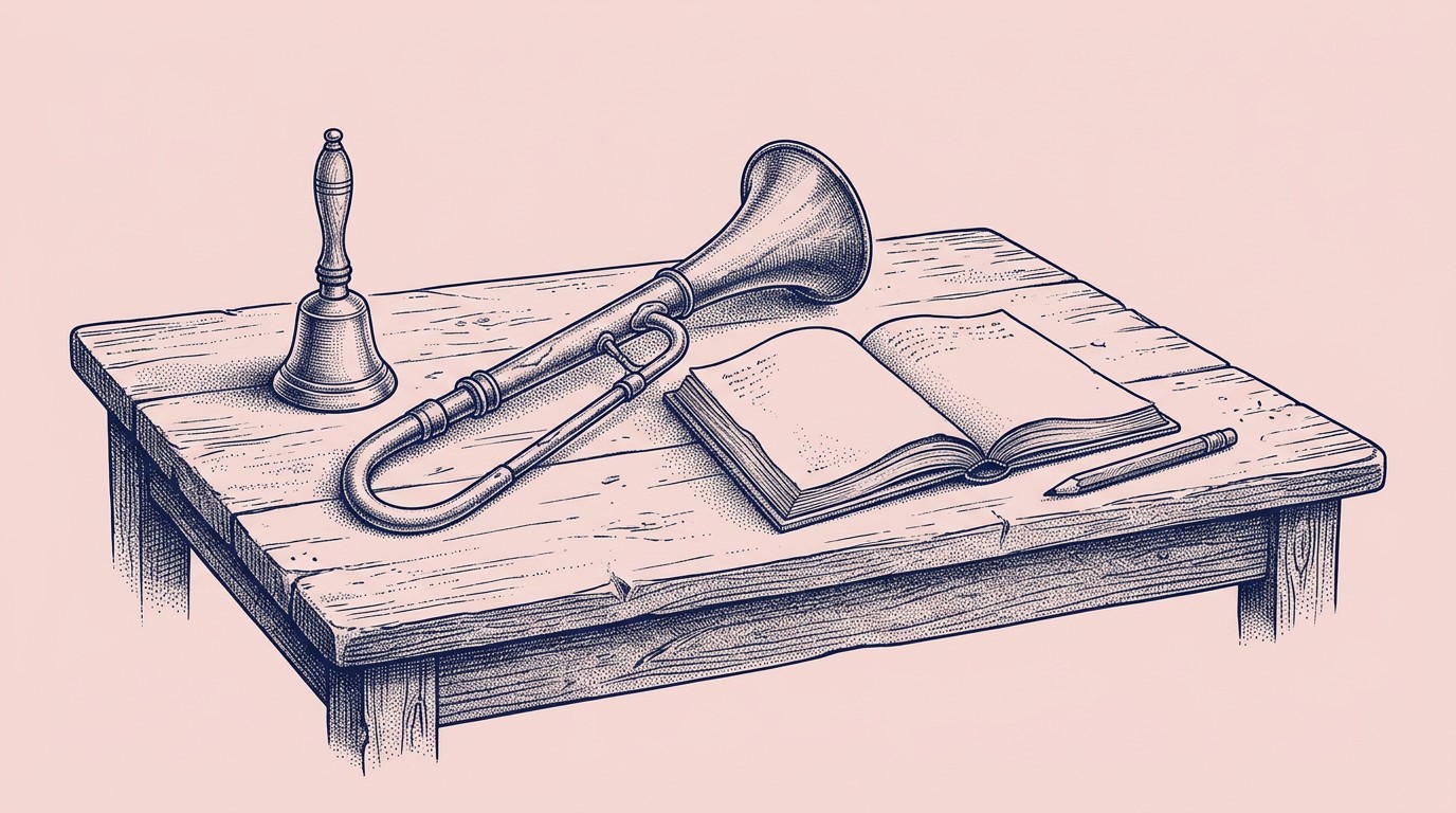 Navy ink engraving on pink of a wooden table holding a small hand bell, an ear trumpet, an open book and a pencil.