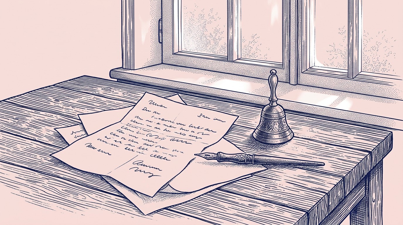 Navy ink engraving on pink of a hand-written letter and a pen on a wooden table beside a small brass bell, under a window.