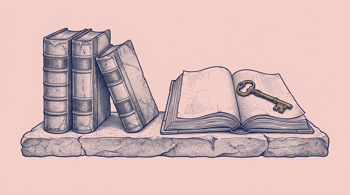 Navy ink engraving on pink of a stone shelf with three bound ledgers standing and a fourth lying open, a brass key resting on its page.