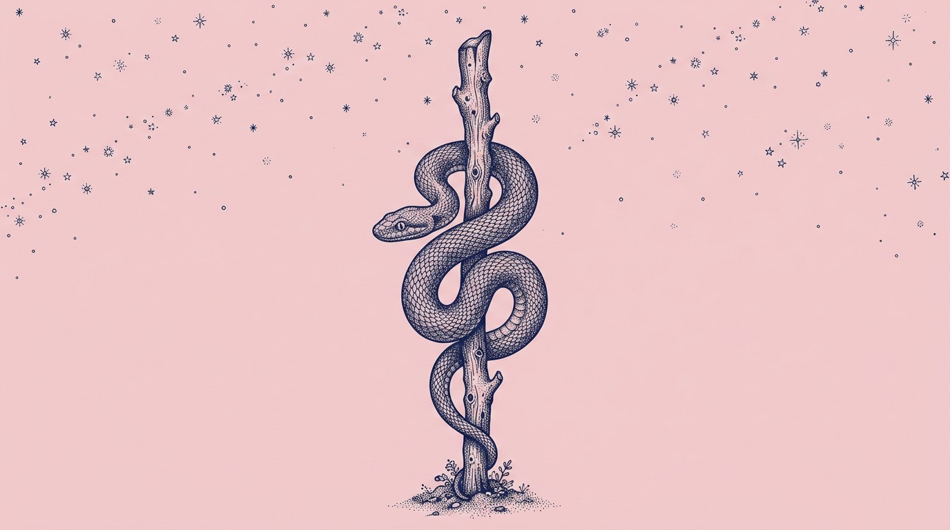 Navy ink engraving on pink of a single serpent coiled around a rough wooden staff under a night sky of small stars.