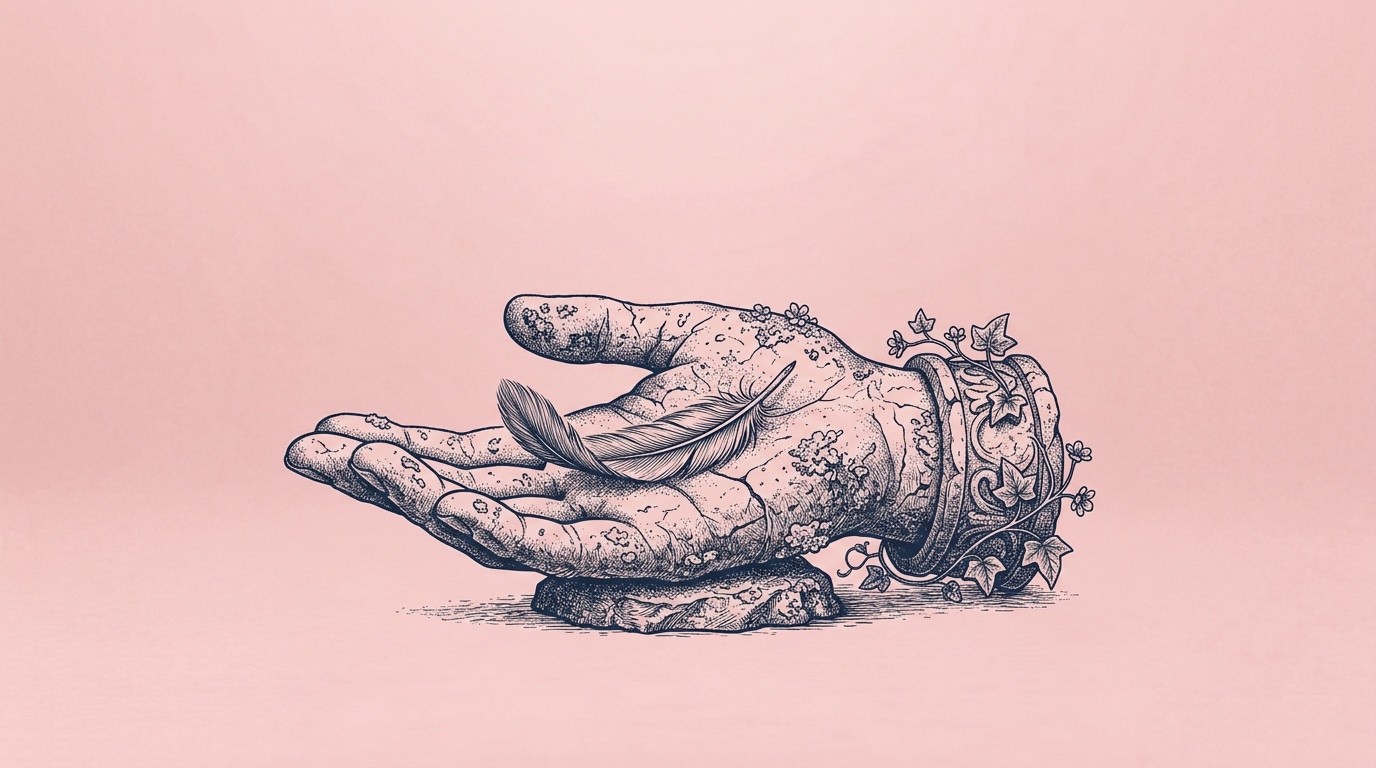 Ink drawing of an open stone hand held palm up with a single feather resting on it and ivy at the wrist, on a mostly empty ground.