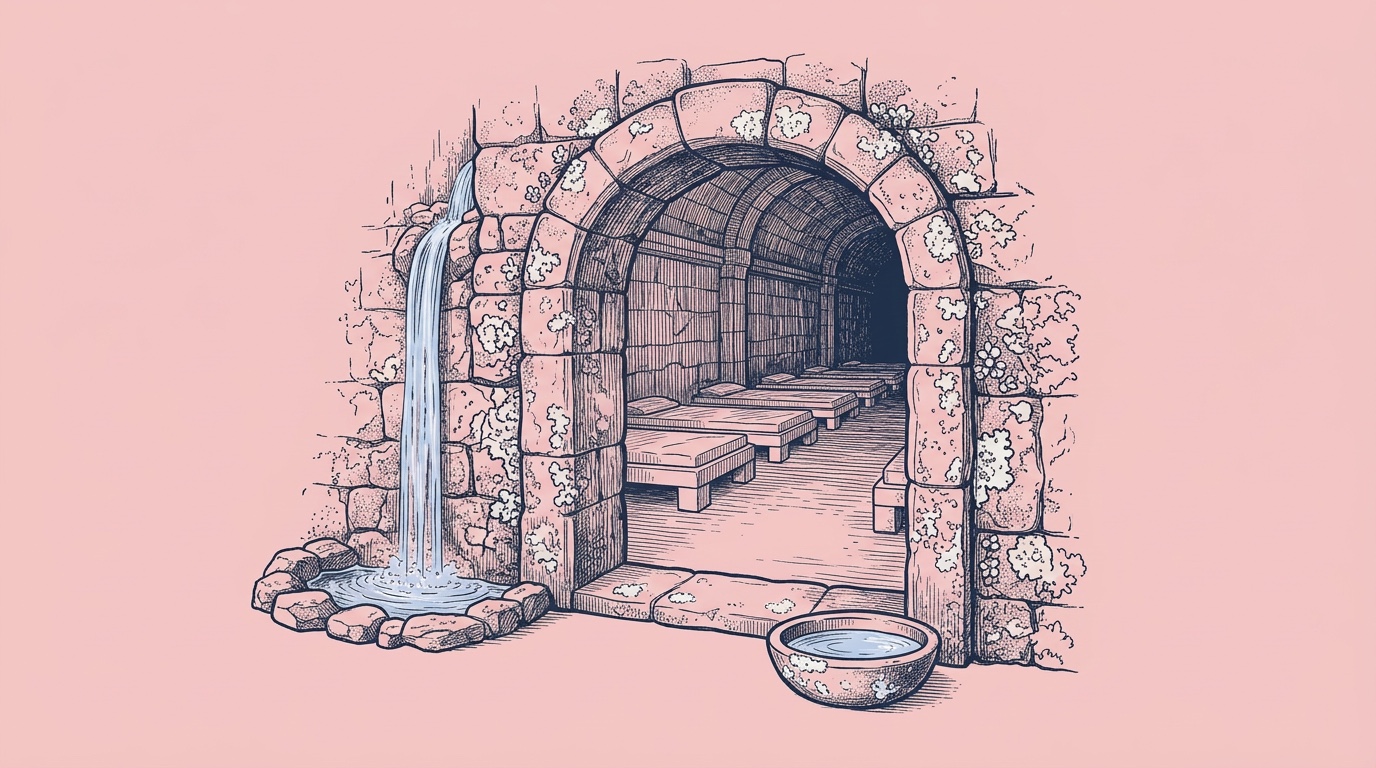 Engraving of a stone archway opening on a long hall of empty low beds, with a waterfall beside it and a bowl of water on the threshold.