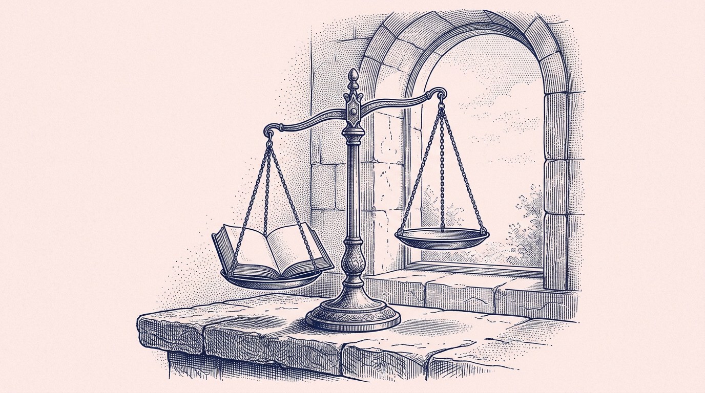 Navy ink engraving on pink of a set of scales on a stone ledge, one pan holding a small open book and the other pan empty, with an arched stone window behind.
