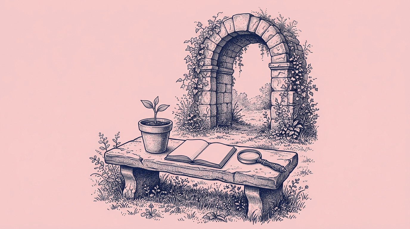Navy ink engraving on pink of a stone bench holding a magnifying glass, an open notebook and a seedling in a clay pot, with a stone arch behind.