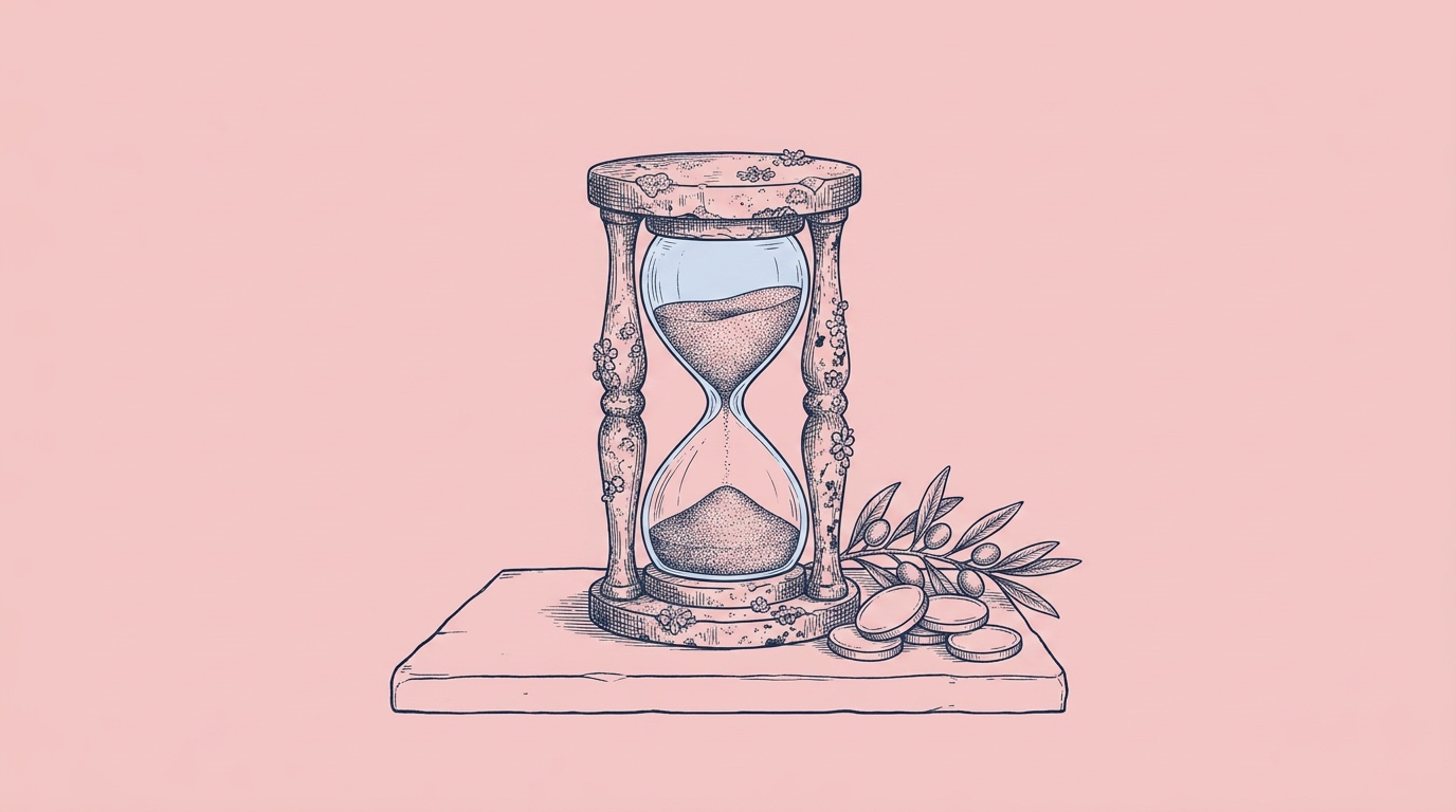 Ink drawing of a stone hourglass on a plain slab, a small pile of coins and an olive sprig beside it.