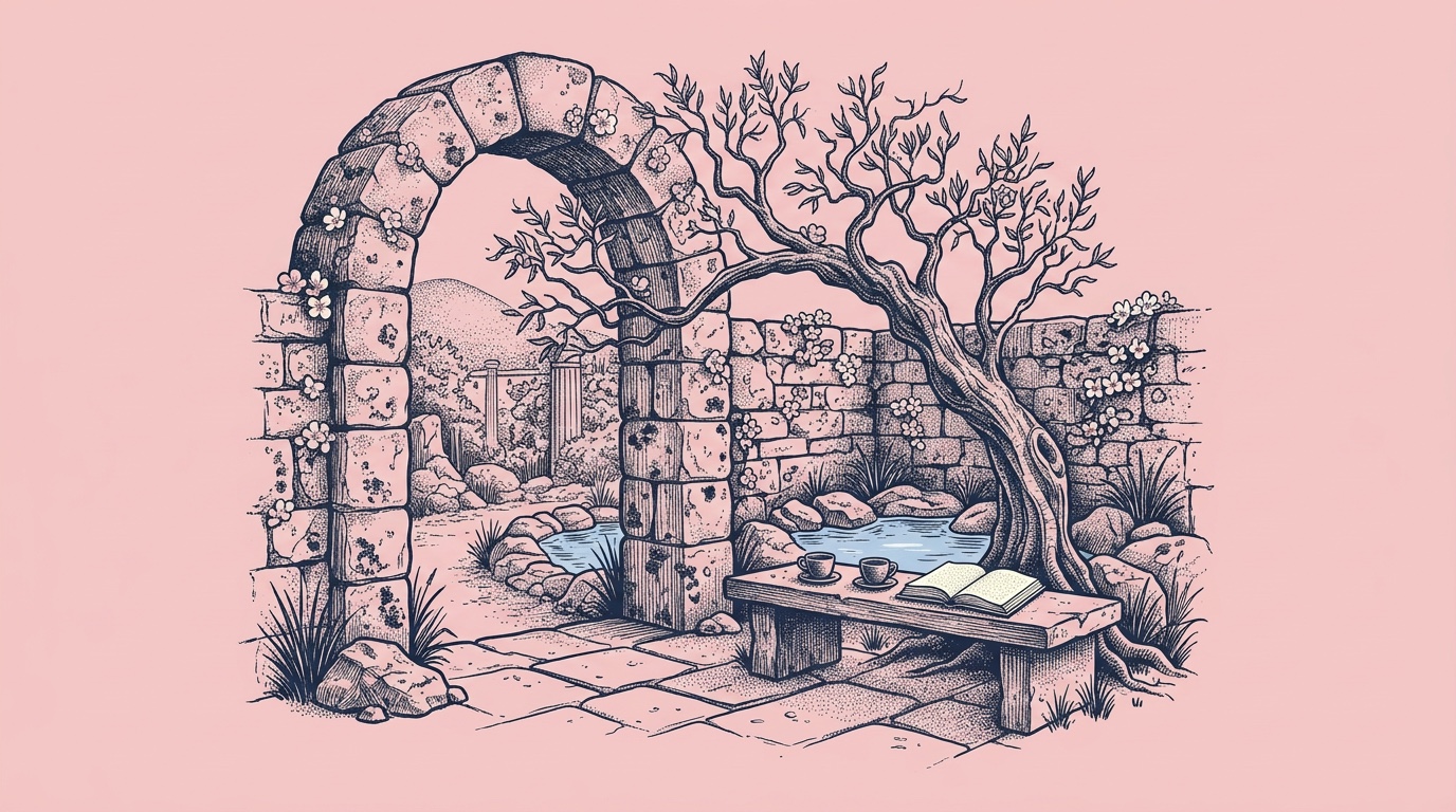 Engraving of a walled garden seen through a stone arch, two cups and an open book on a bench under an old olive tree.