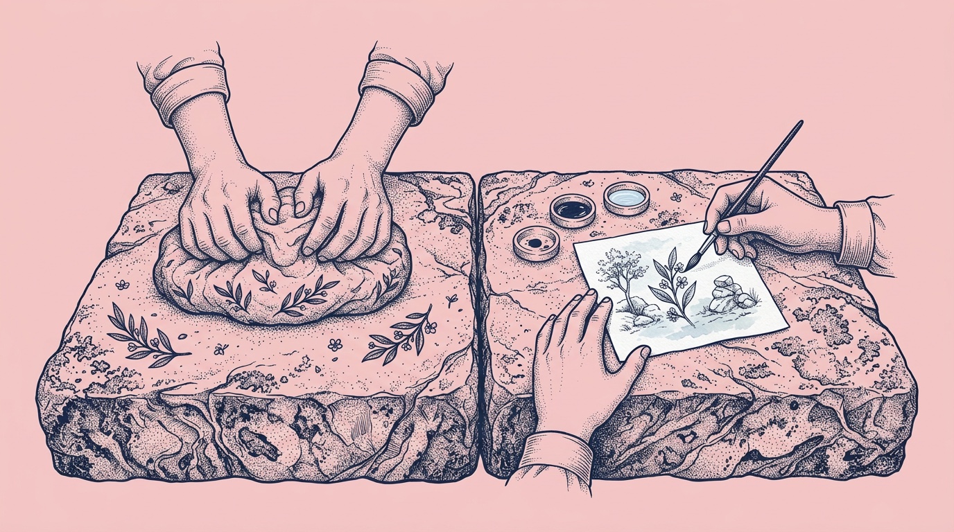 Ink drawing of two hands kneading dough on one stone slab and a third hand painting a sprig on paper on the next, the same sprig in both.