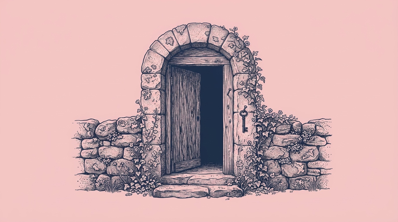 Ink drawing of a stone archway in an ivy-covered wall, its wooden door open on the dark, a key hanging on a nail beside it.