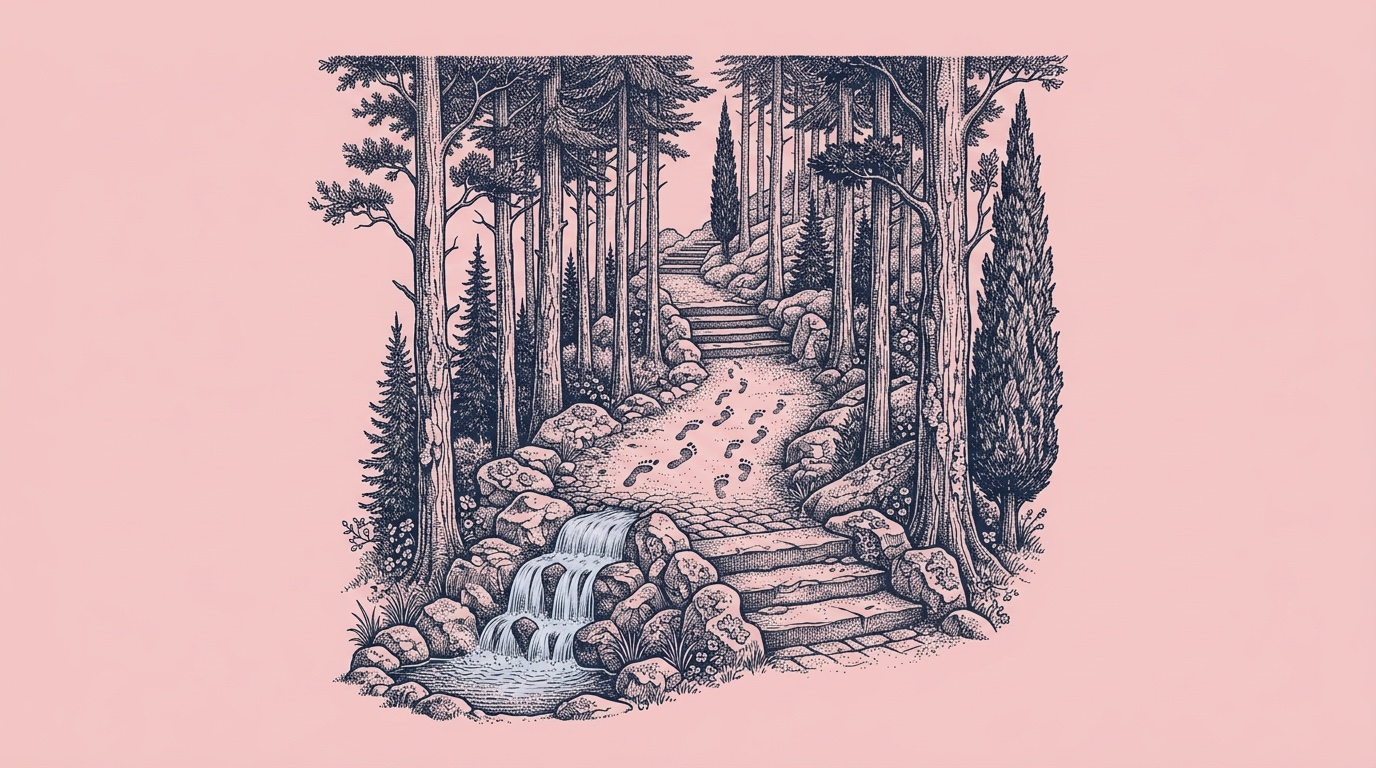 Ink drawing of a stepped path through tall slim trees with footprints along it, a small waterfall at the bottom.