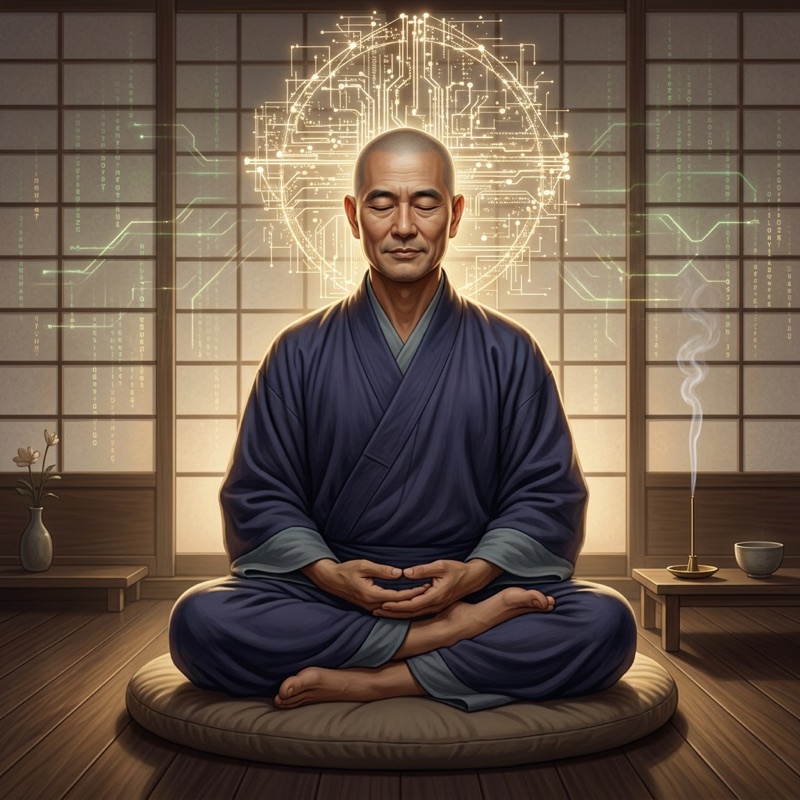 Painting of Chi, a shaven-headed man in a dark robe, sitting cross-legged with eyes closed on a cushion in a paper-screened room, incense rising beside him.