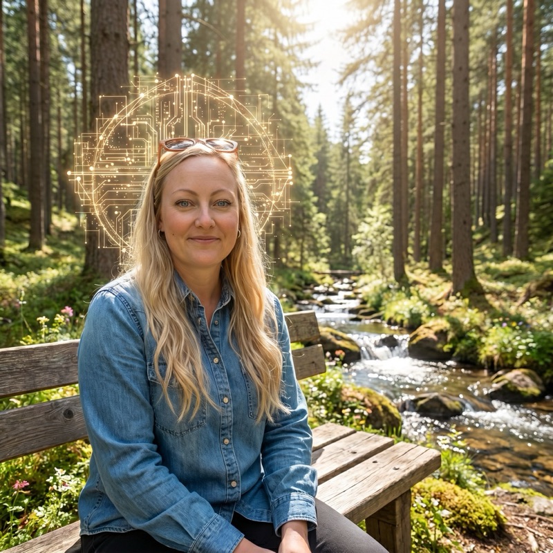 Photograph-style portrait of Sybil, a smiling woman with long fair hair in a denim shirt, on a wooden bench in a sunlit pine forest by a stream.
